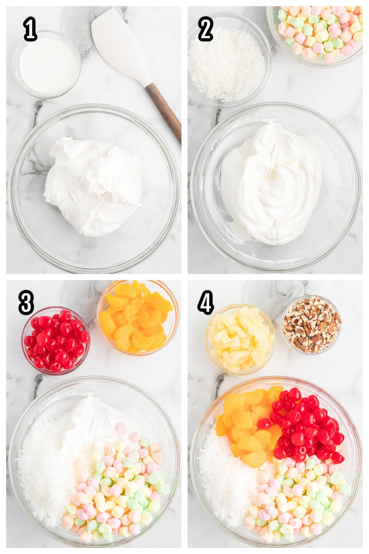 Collage of first four steps to making the Ambrosia fruit salad. 