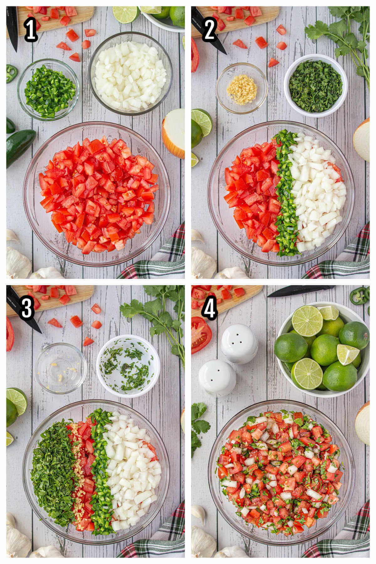 Collage of the first four steps to making the Mexican salsa cruda. 