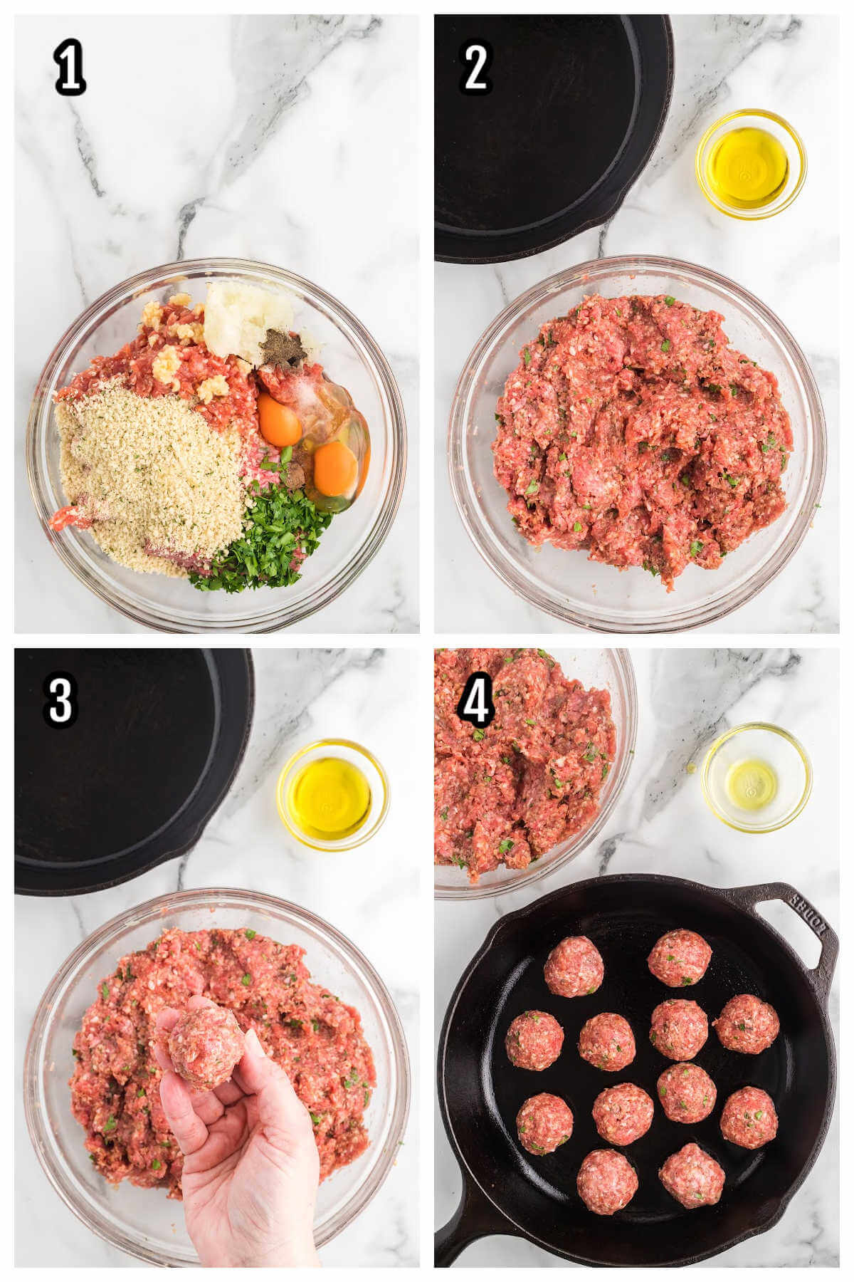 Collage of the first four steps to making the Meatballs and Swedish gravy recipe. 