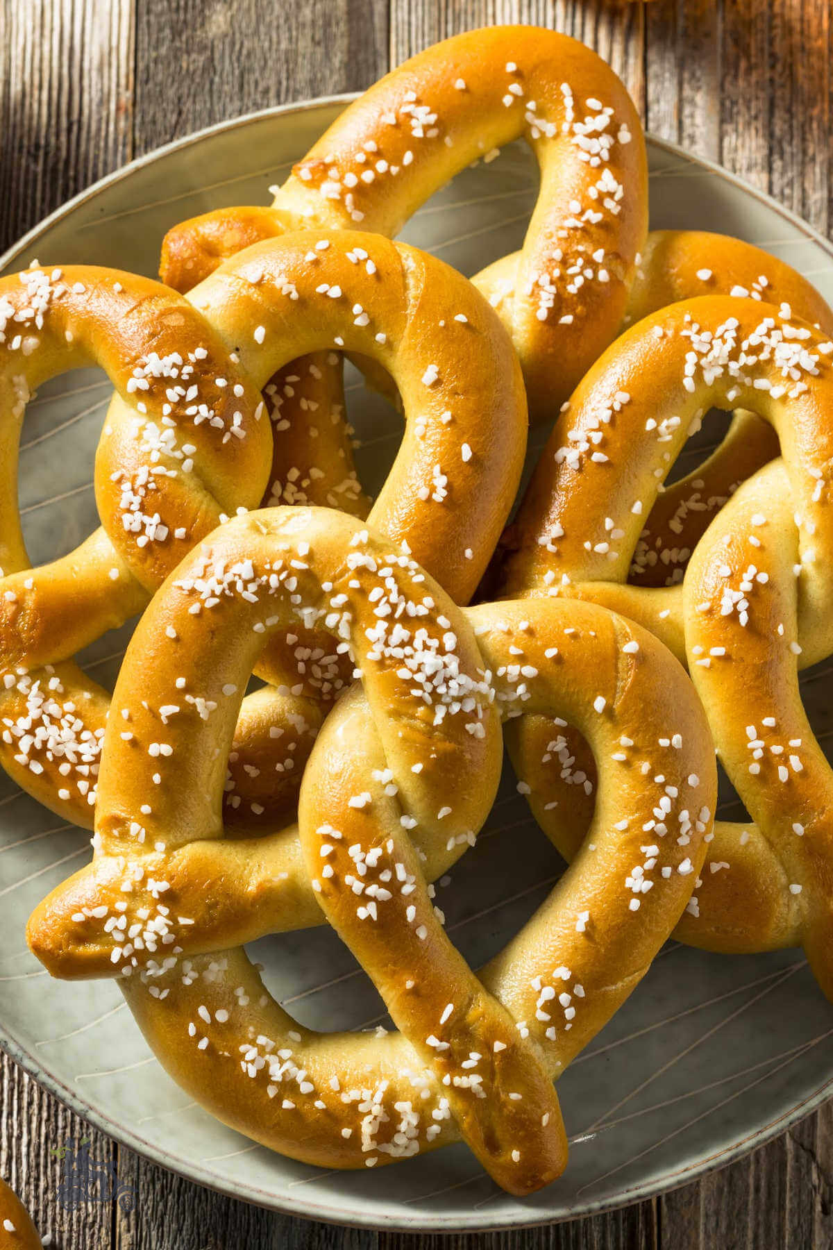 Soft homemade pretzels German Style with coarse salt baked on top. 
