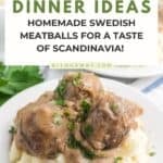 A Pinterest pin image with a title overlay features Swedish meatballs served on mashed potatoes.