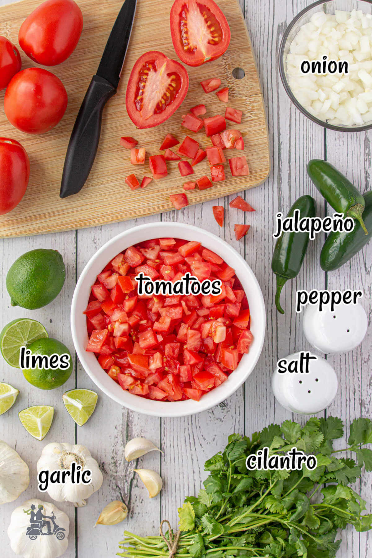 Image of the ingredients needed to make a chunky salsa cruda with tomatoes, onion, and hot peppers. 