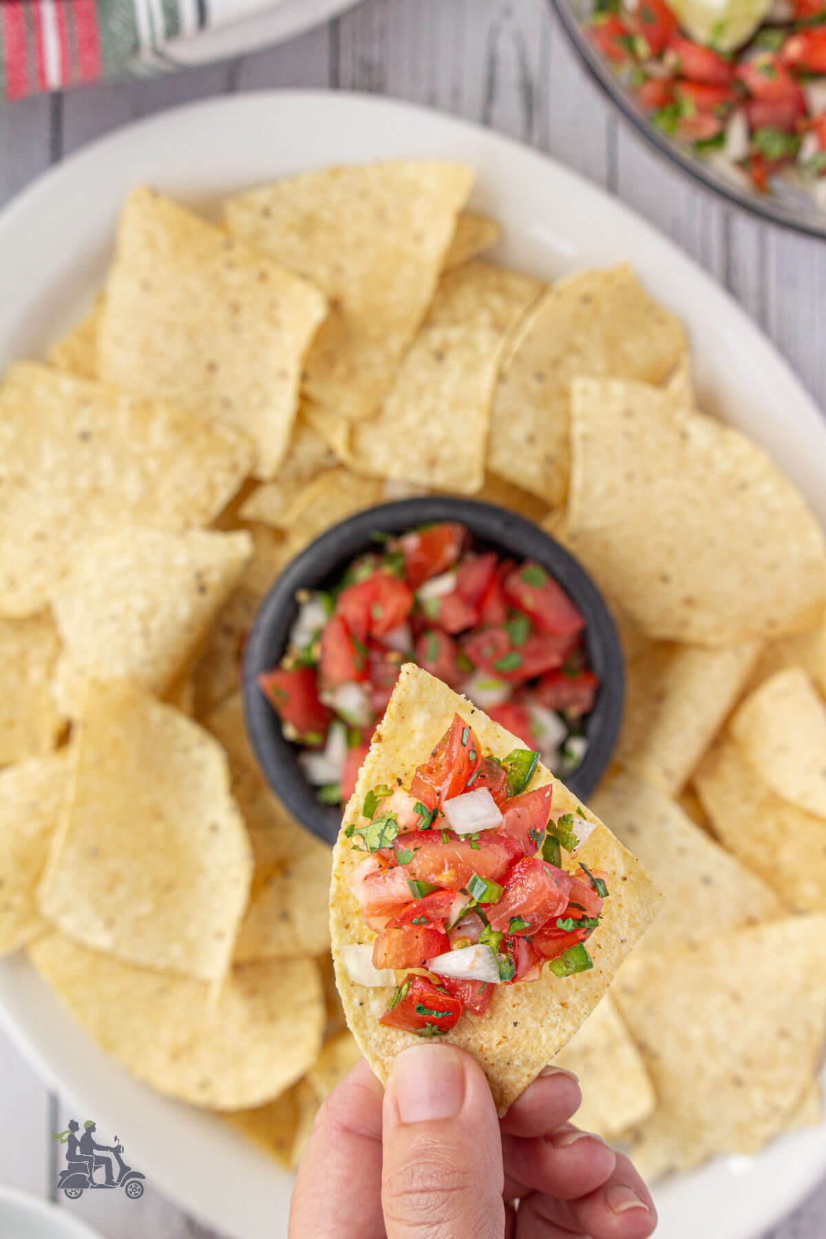 Hand holding a tortilla chip that's holding a bite with the chunky tomato salsa fresca on top.  