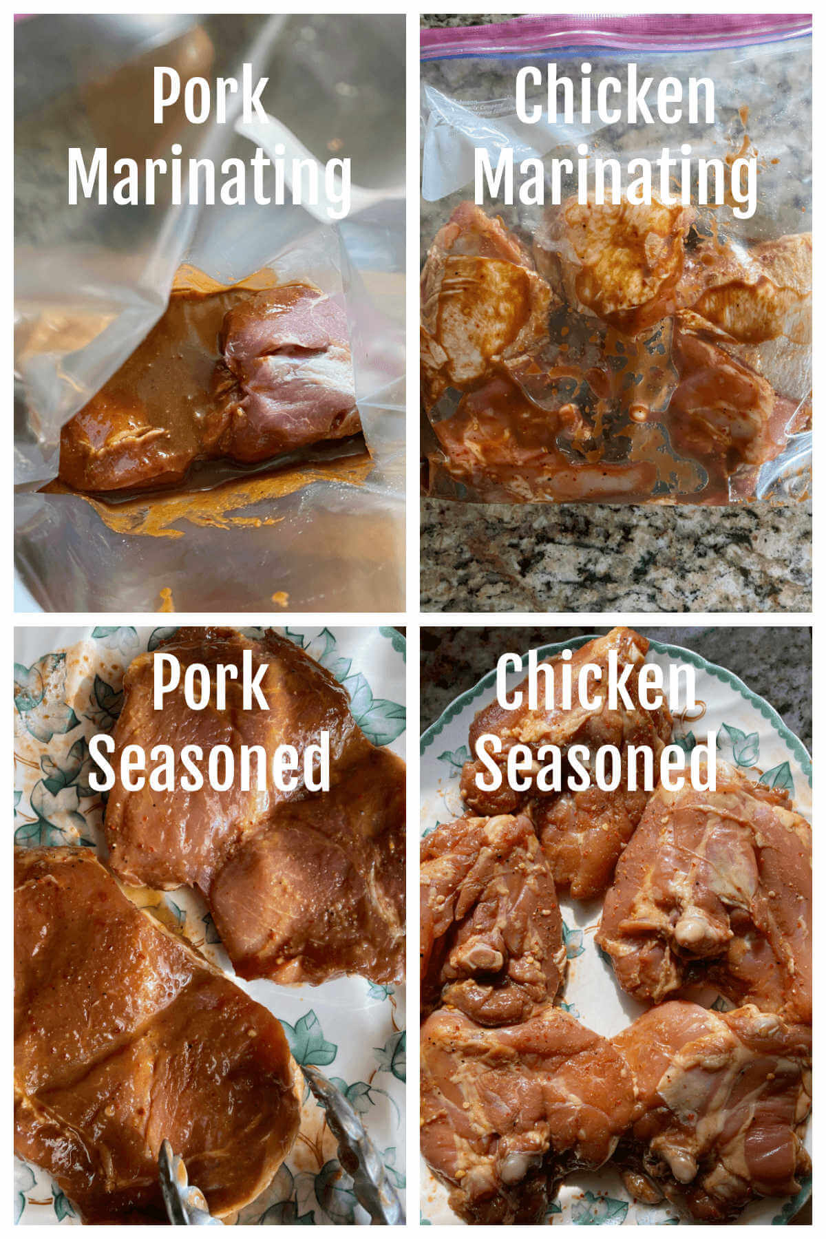 Marinating both pork chops and chicken thighs in plastic bags.