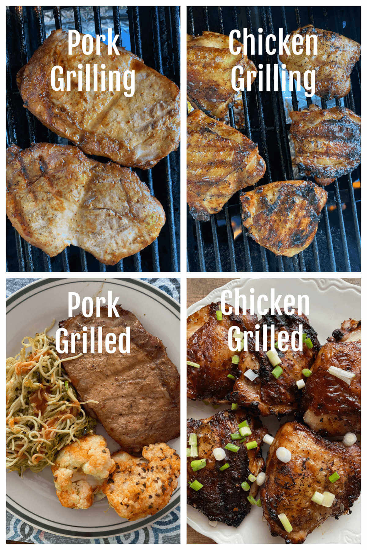 Collage of pork and chicken on grill and then finished.