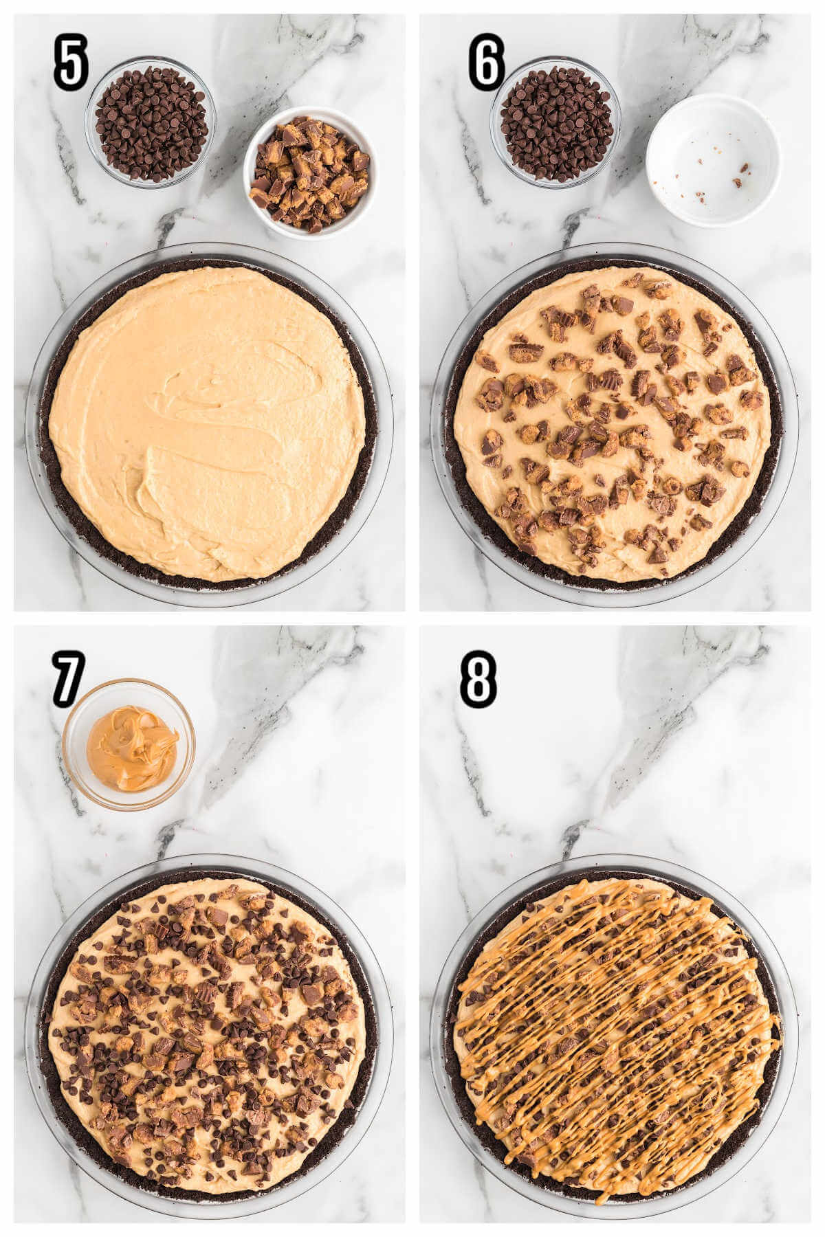 The second collage with the last four steps to making the pie with chocolate crust. 