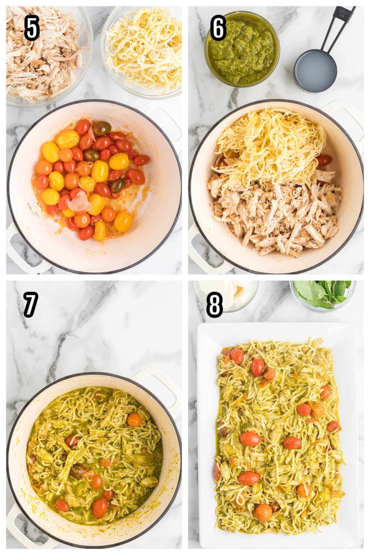 Collage of the second set of four steps to cooking the caprese chicken and pasta dish. 