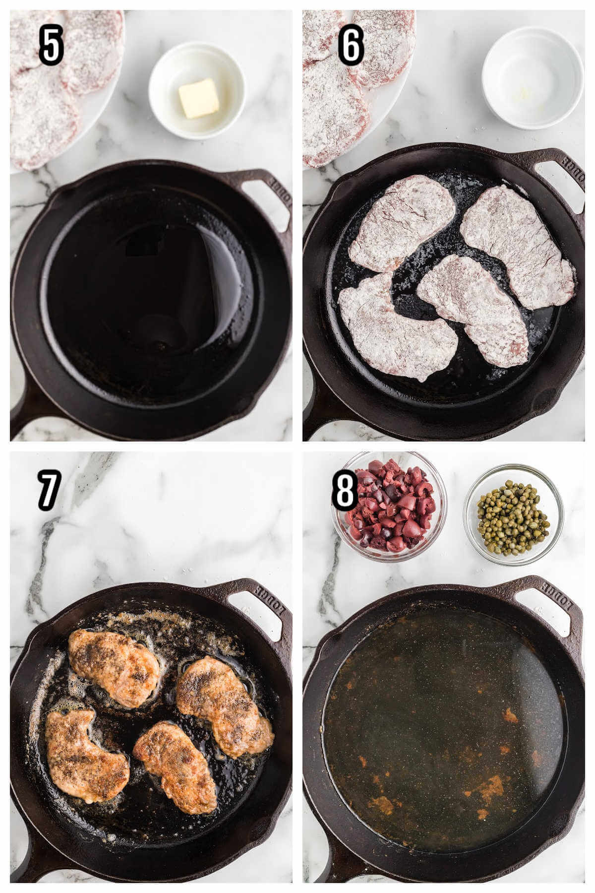 Collage of the second set of four steps to making the pork tenderloin dinner with wine sauce. 