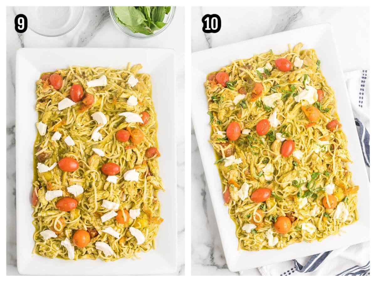 Collage of the final steps to making the pasta with pesto, chicken, tomatoes, and fresh mozzarella. 
