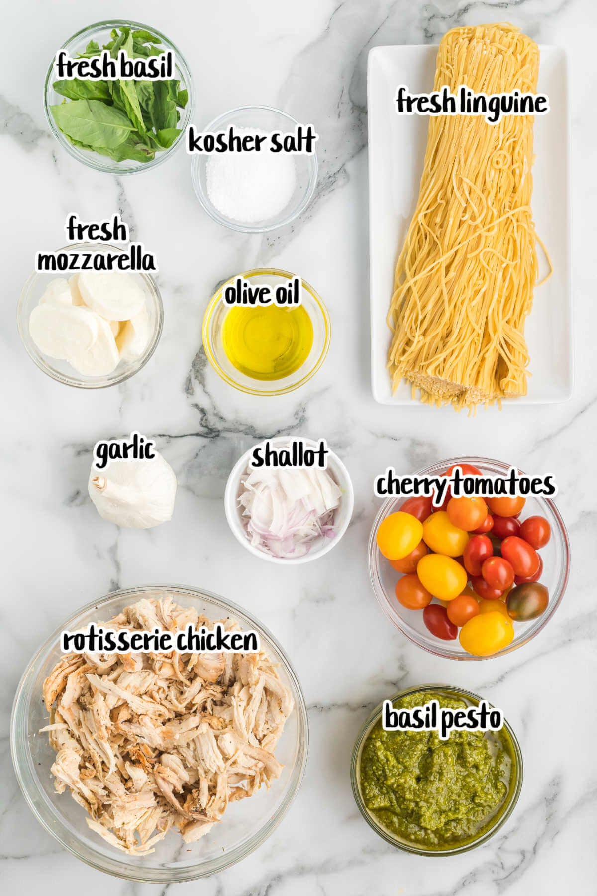 Ingredients needed to make rotisserie chicken with caprese pasta recipe. 