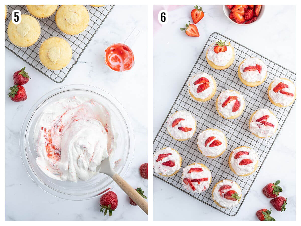 Collage of steps five and six to icing and filling the strawberry shortcake cupcakes. 