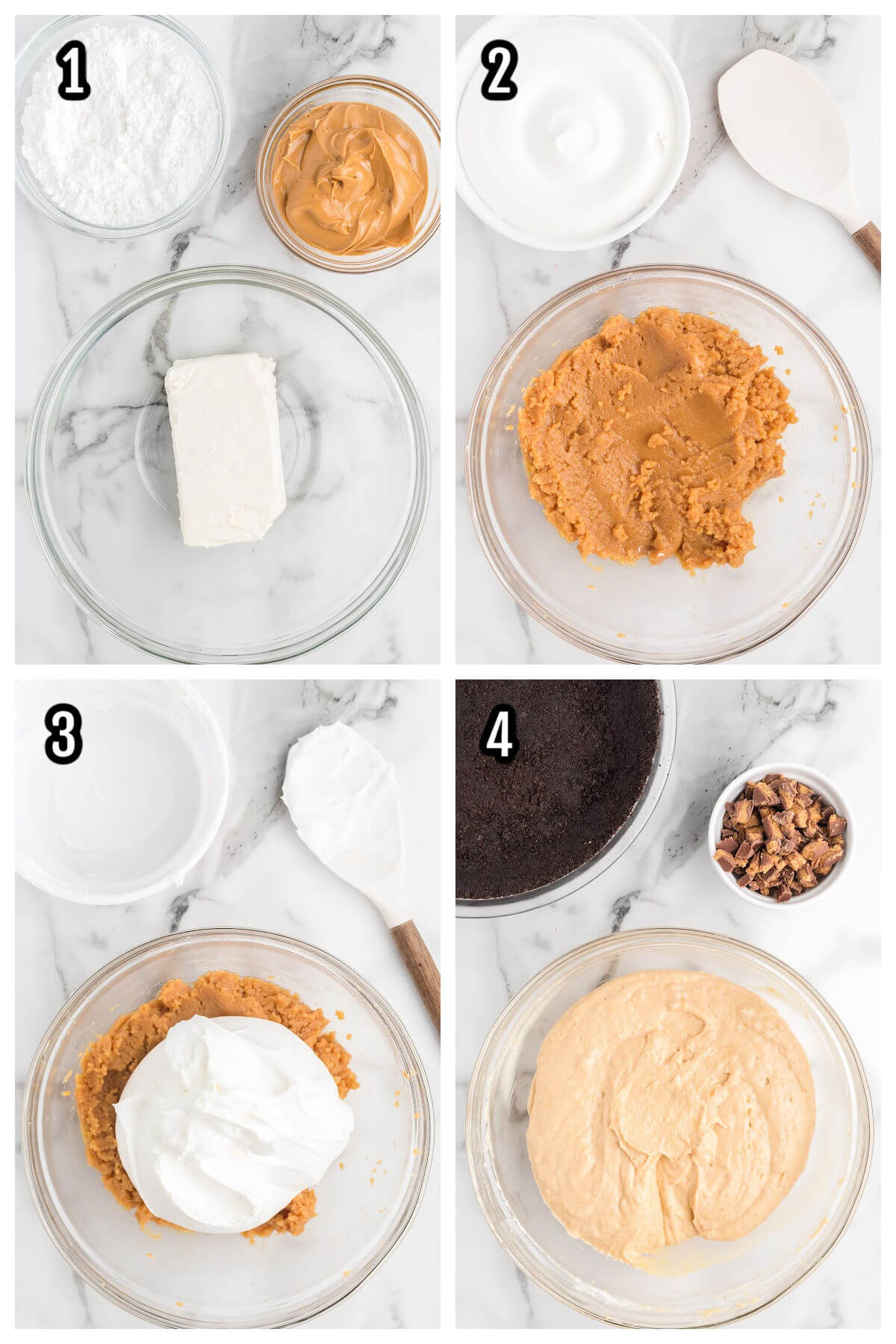Collage of first four steps to making the Reeses Chocolate Peanut Butter Pie with Oreo Crust. 