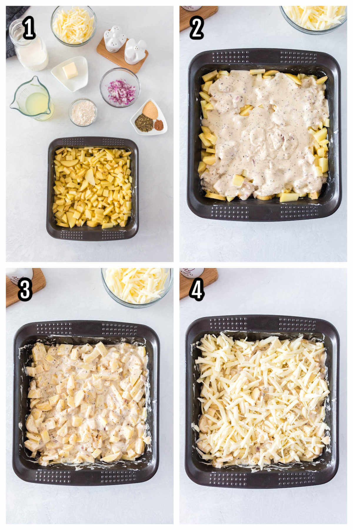 The first four steps to making the Creamy diced potatoes gratin side. 
