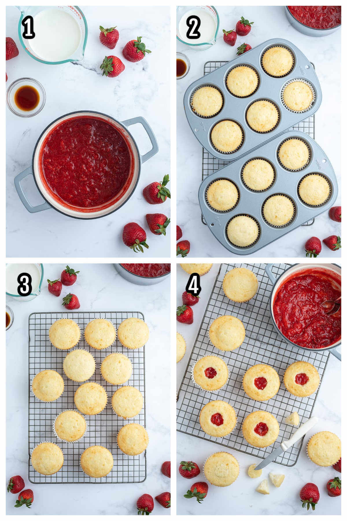 Collage of the first four steps to making white cupcakes with strawberry filling and whipped strawberry topping. 