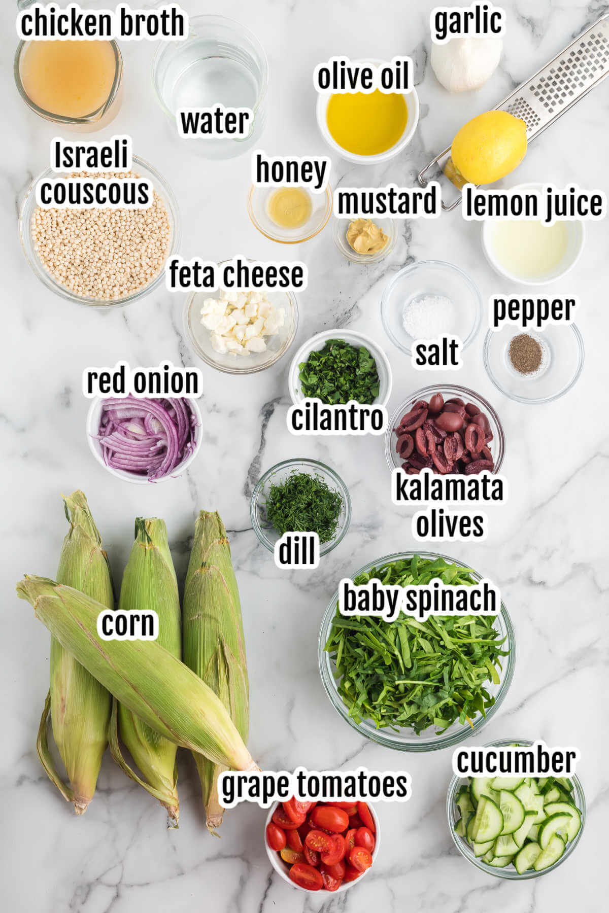 Image of the ingredients needed to make the Israeli couscous salad with Mediterranean vegetables and seasoning. 