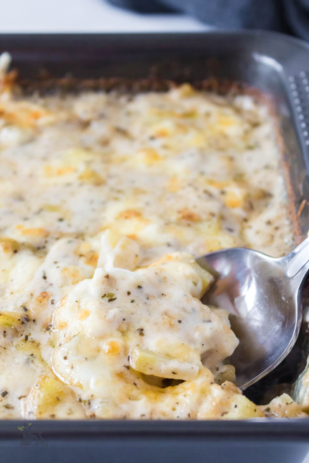 Casserole dish filled with creamy baked diced potatoes gratin style. 