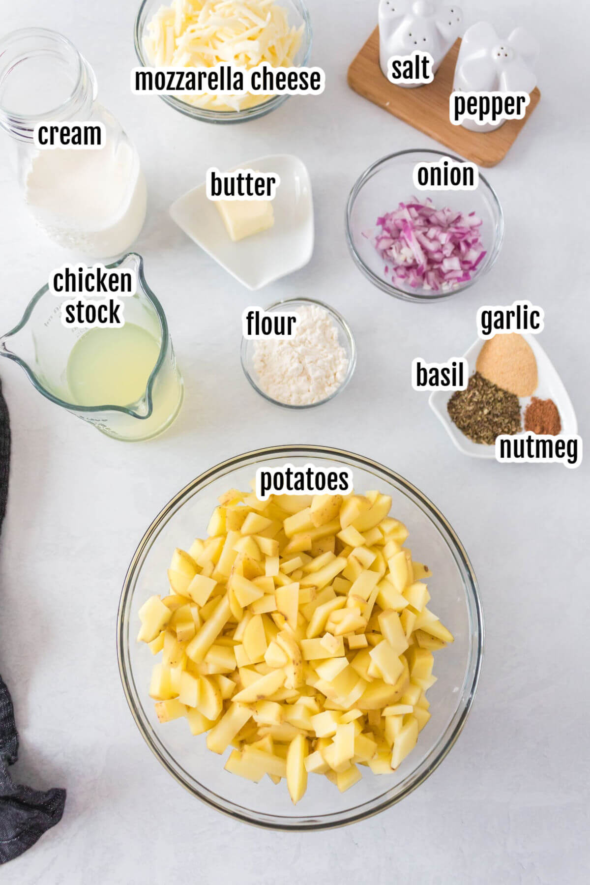 Ingredients needed to make the diced potato gratin casserole. 