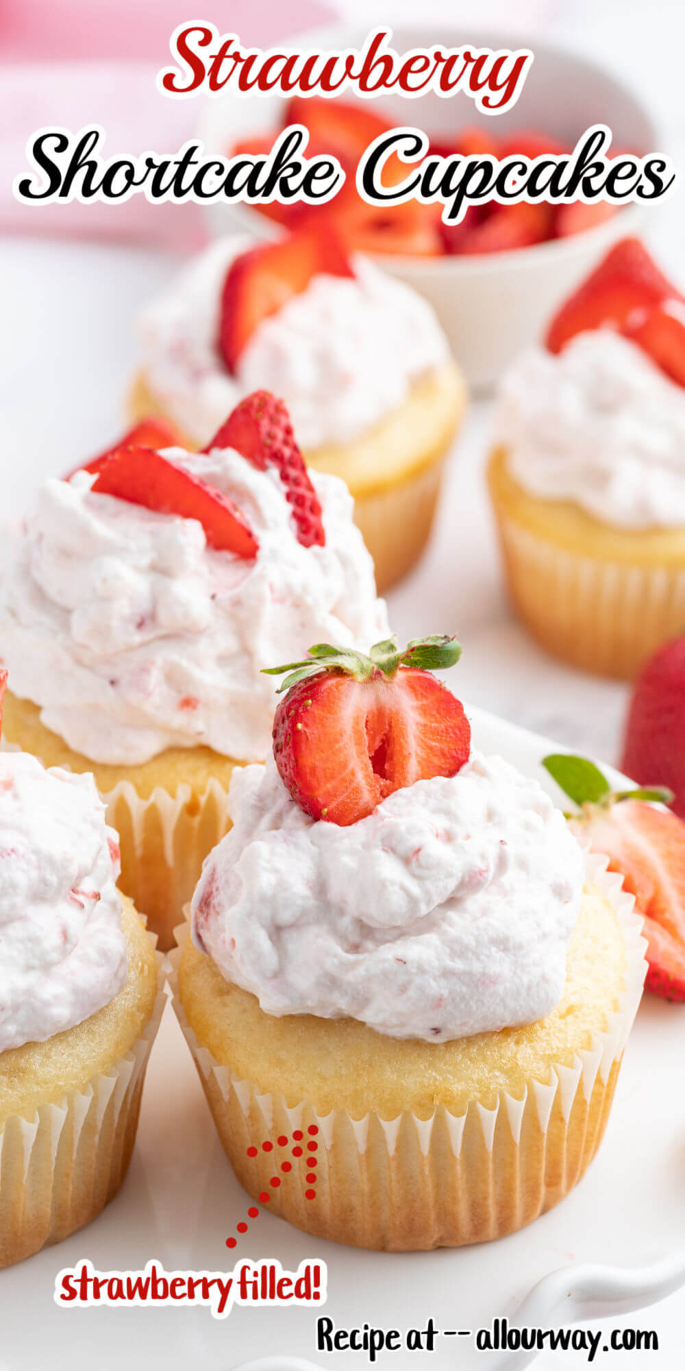Pinterest social image with title overlay of Strawberry Shortcake cupcakes.