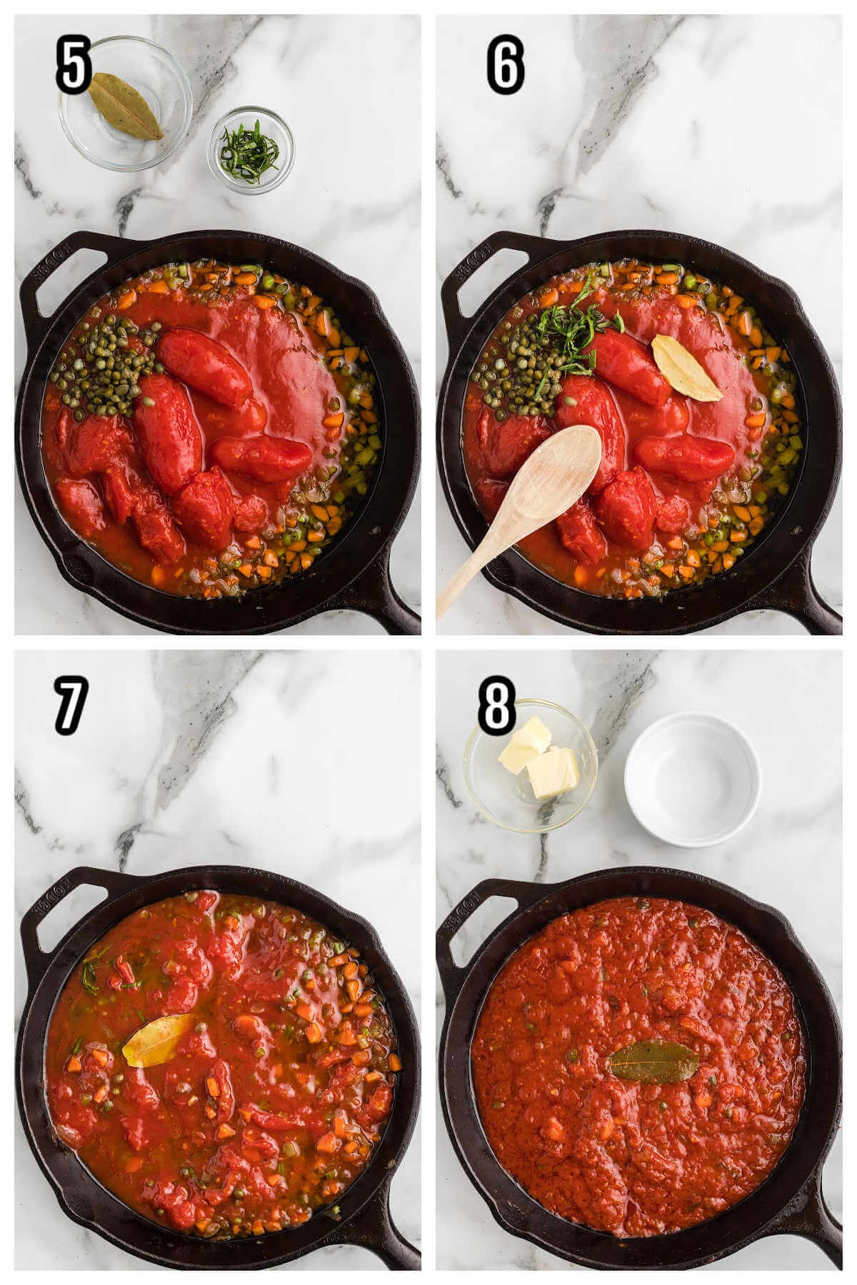 Collage of steps five through eight of the recipe for San Marzano Tomato Sauce. 