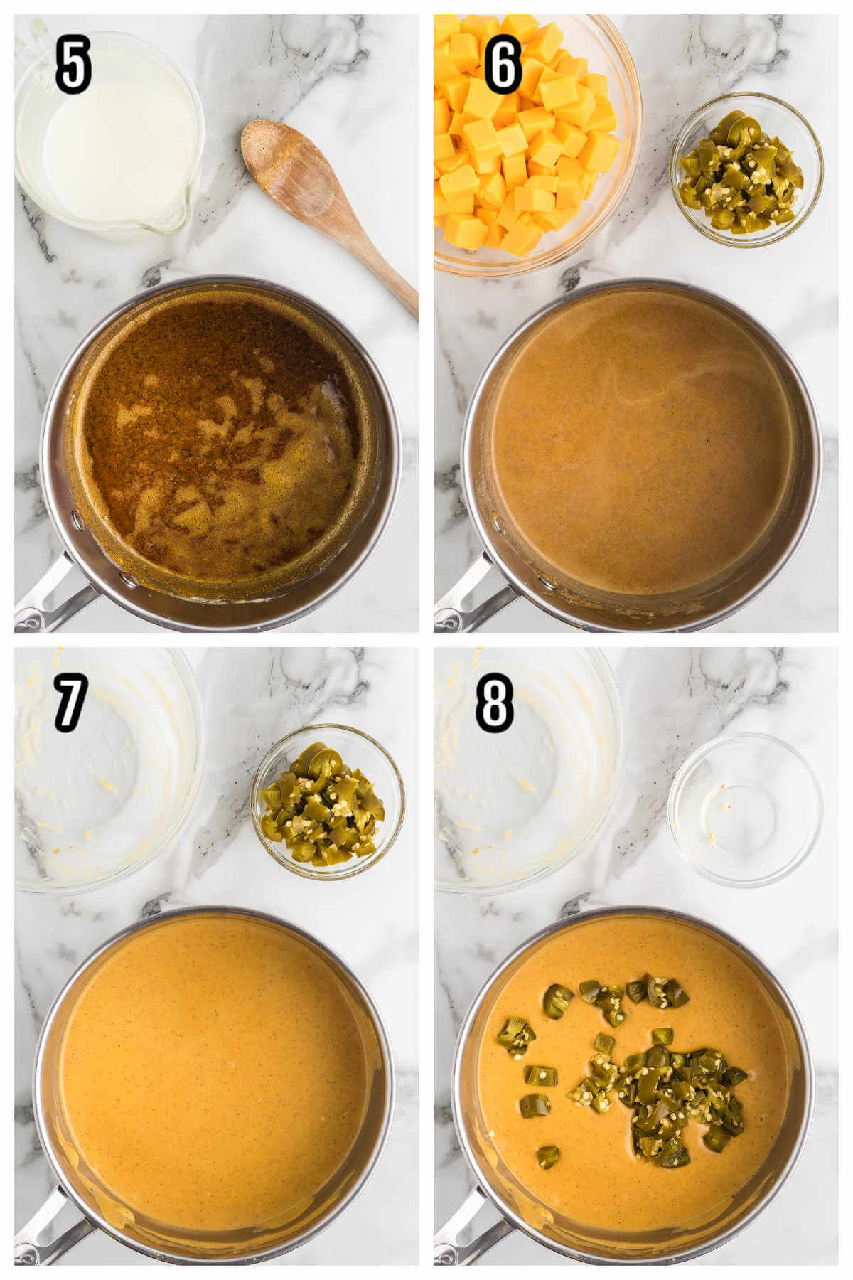 Collage of steps five to eight to cooking the cheesy dipping sauce for nachos and soft pretzels. 