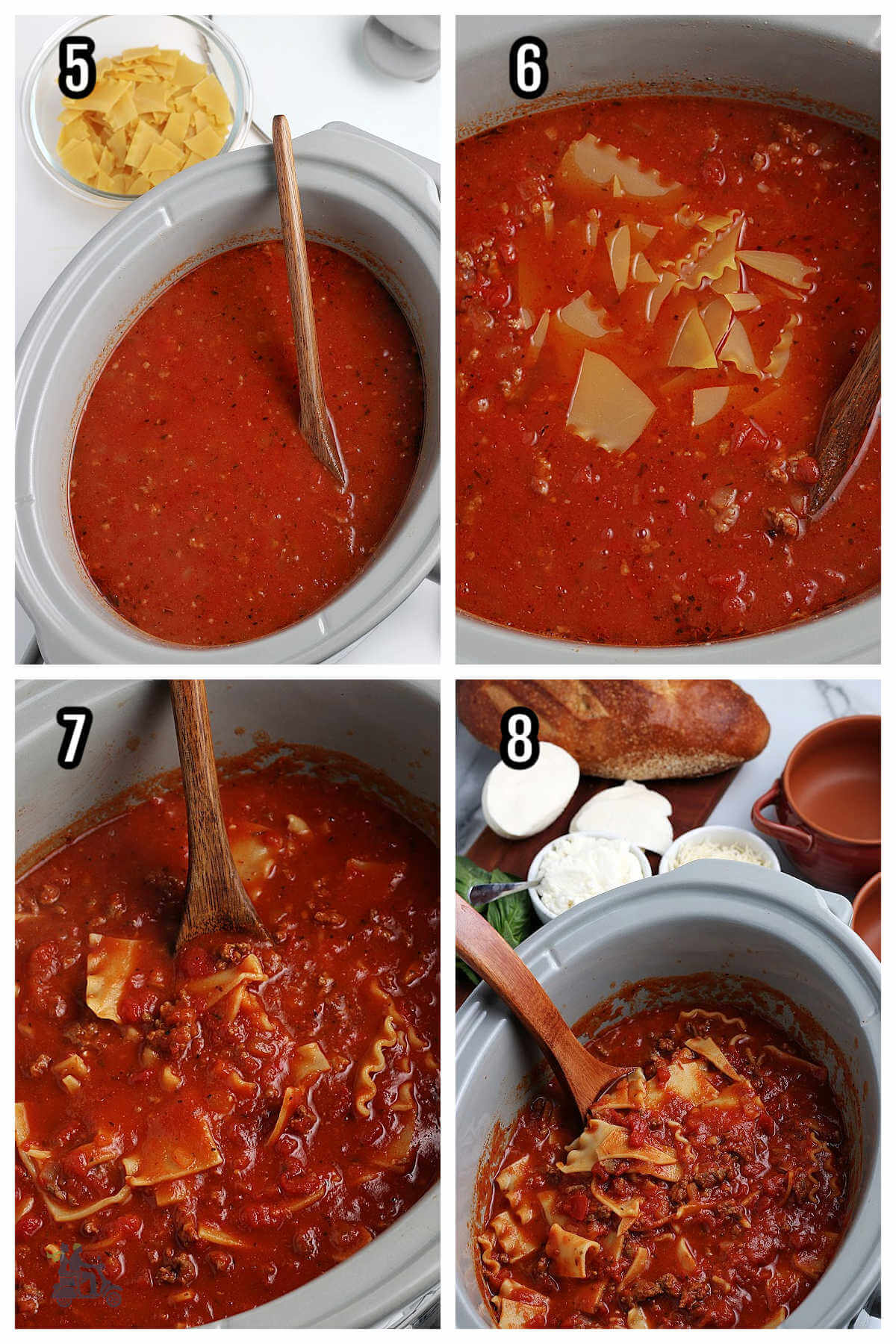 Second four steps for making an easy lasagna soup in a crockpot. 