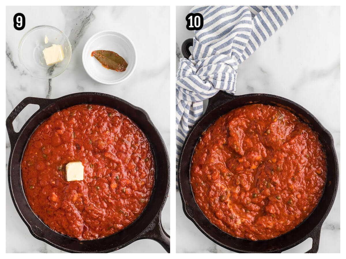 Collage of the final two steps to preparing a quick marinara sauce in a black skillet. 