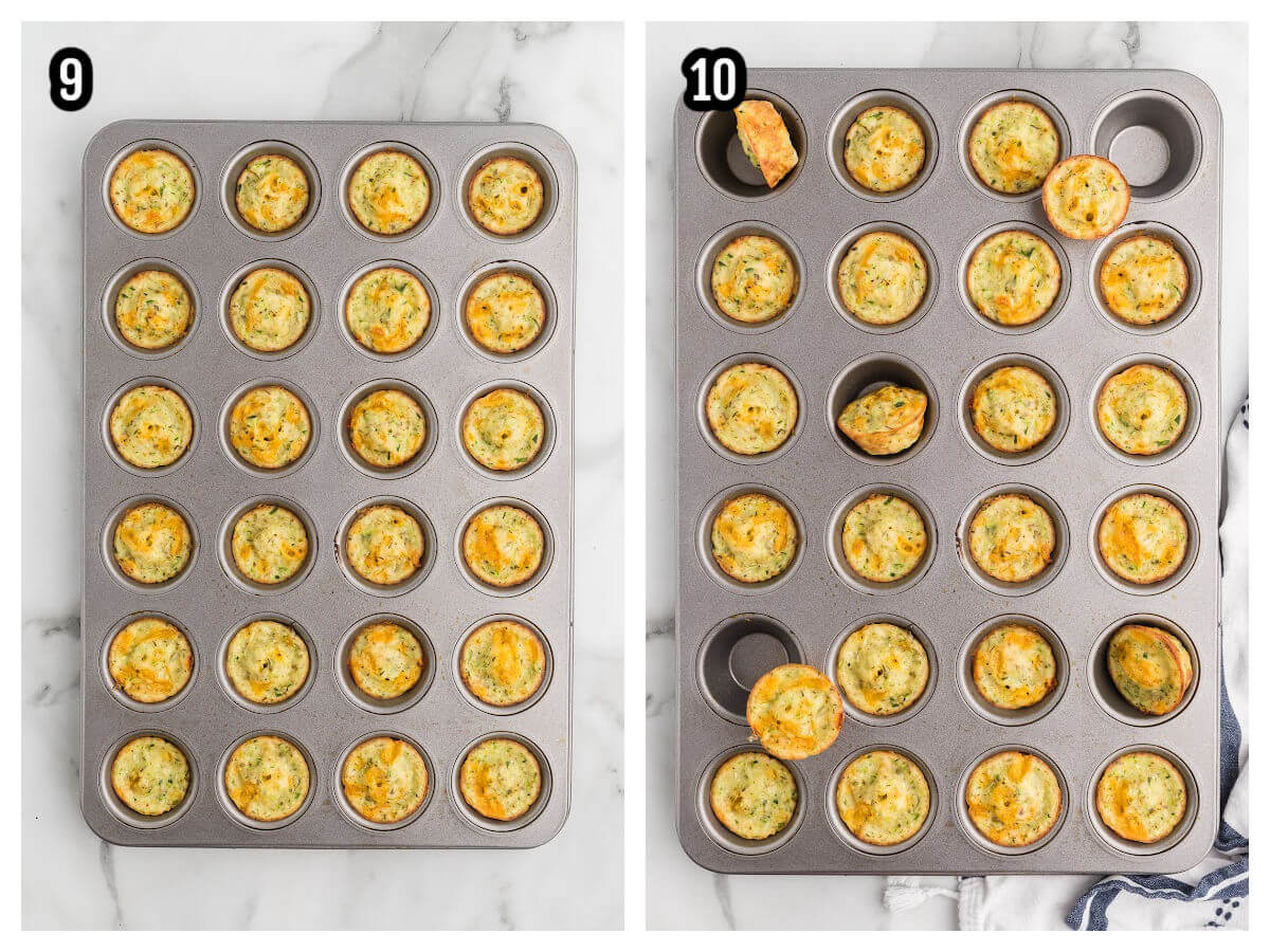 Collage of the last two steps to baking and removing the mini appetizer muffins made with cheddar cheese and zucchini. 