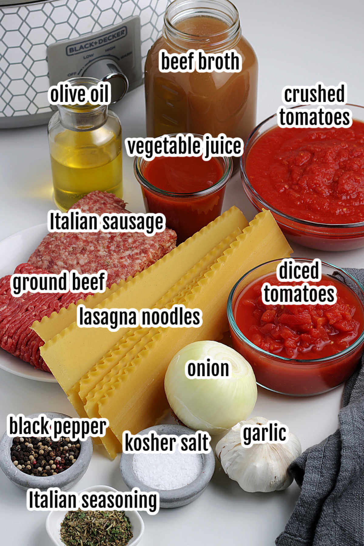 Image of the ingredients needed to make crockpot lasagna soup. 