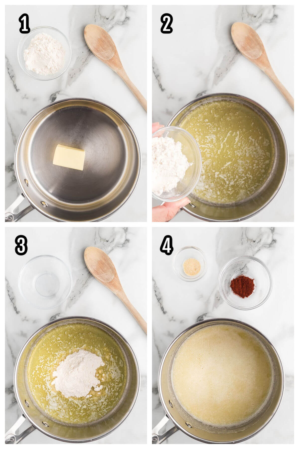 Collage of the first four steps to making the cheese sauce for nachos and soft pretzels. 