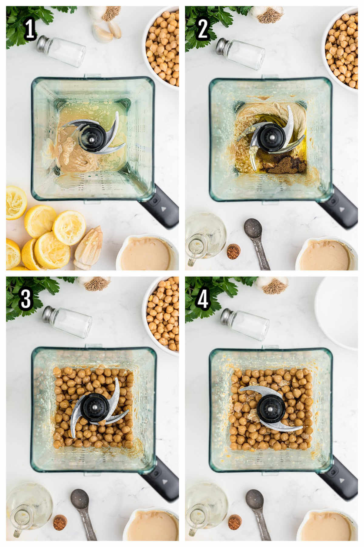 Collage of first four steps to making the chickpea hummus with lemon and tahini. 