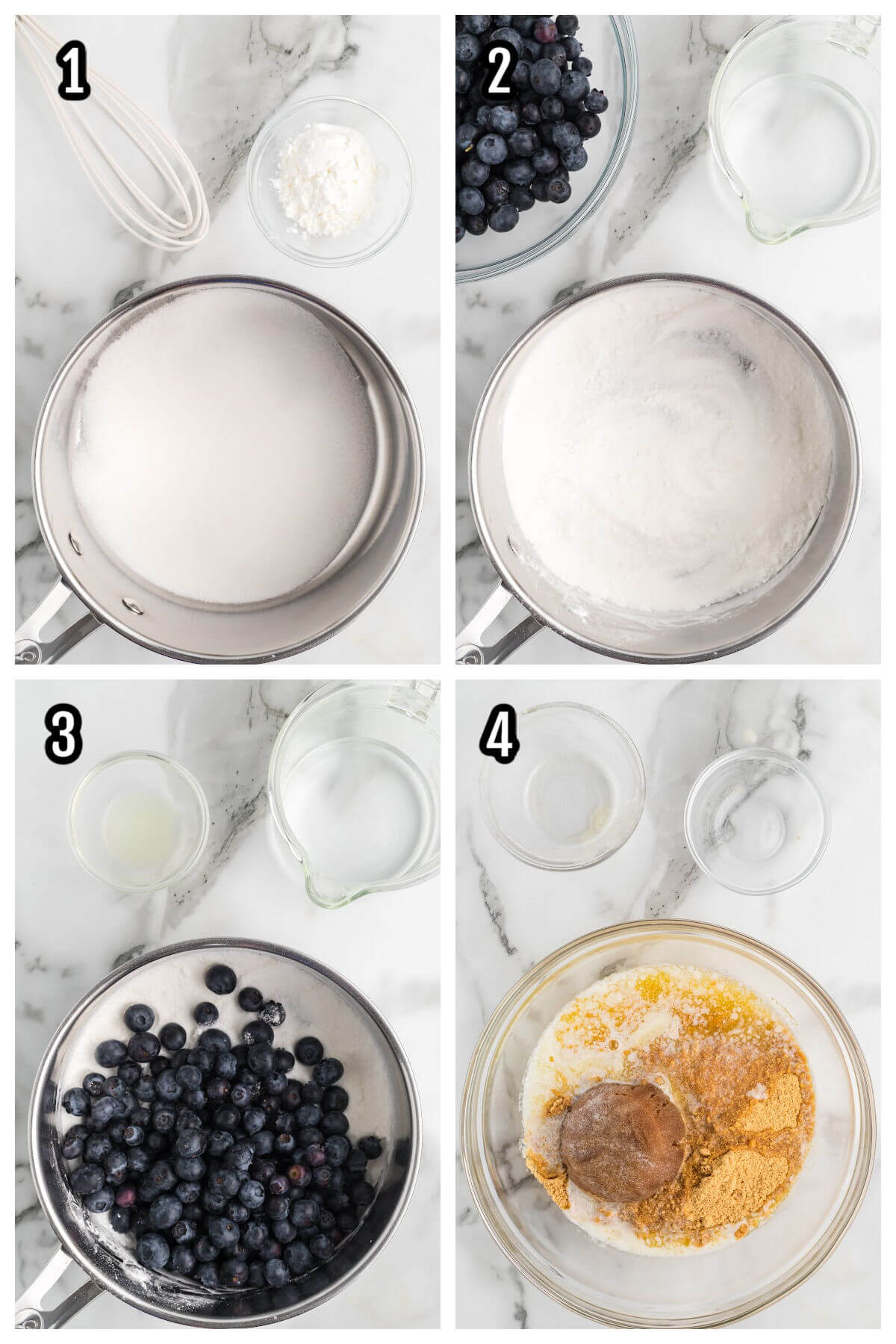 Collage of the first four steps to making the blueberry refrigerator cheesecake. 