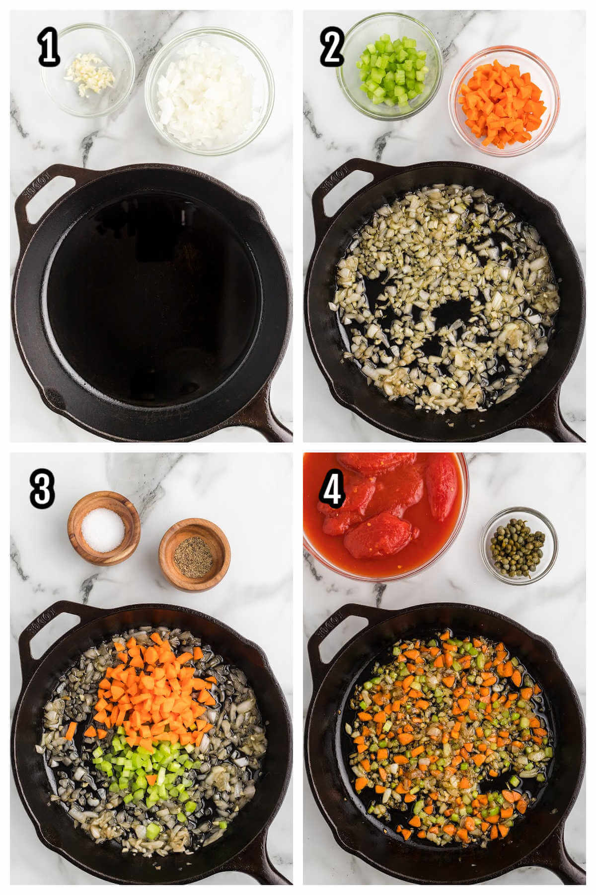 Collage of first four steps to making the San Marzano Marinara Sauce in a black skillet. 