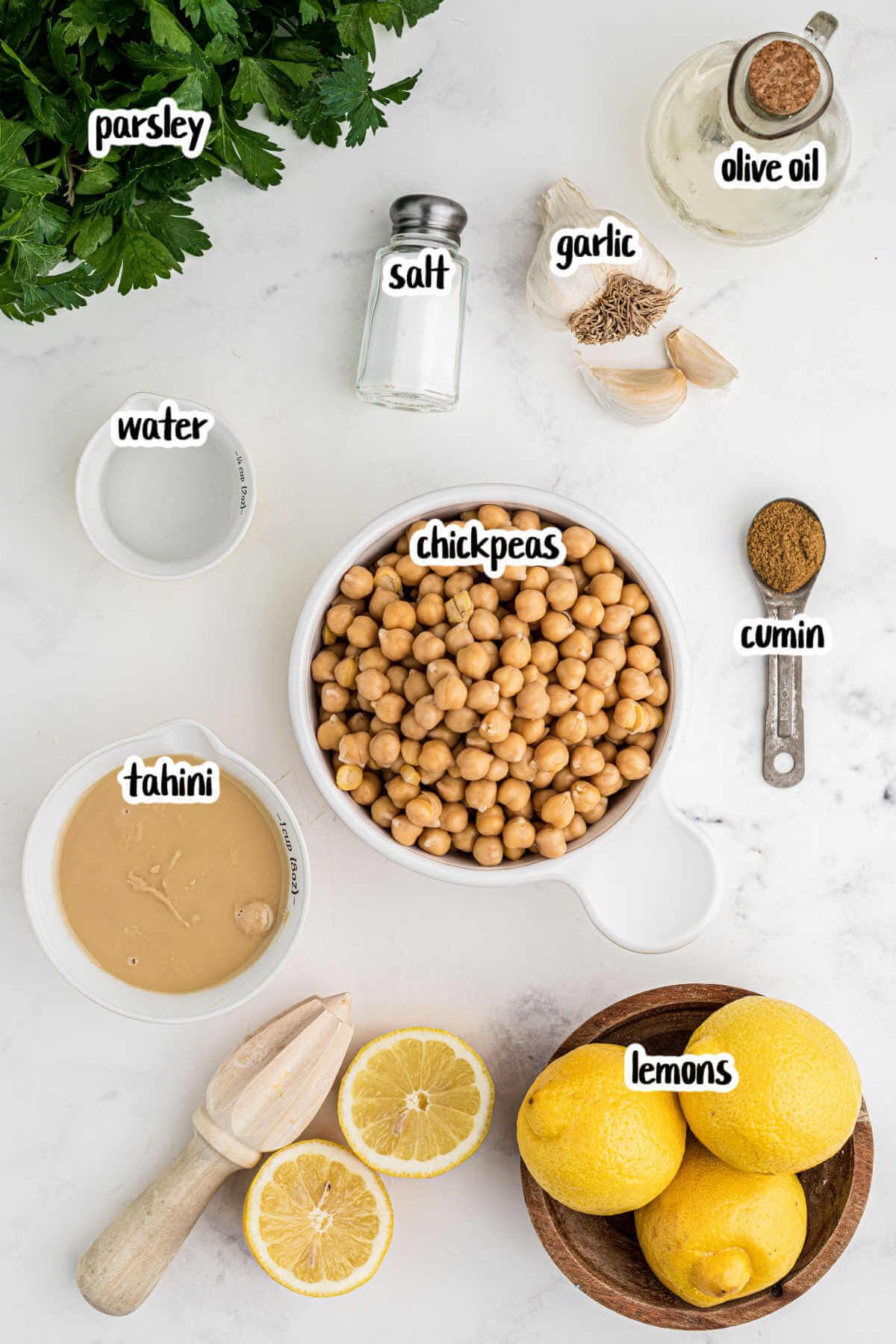 Image of the ingredients needed to make Mediterranean hummus with tahini. 