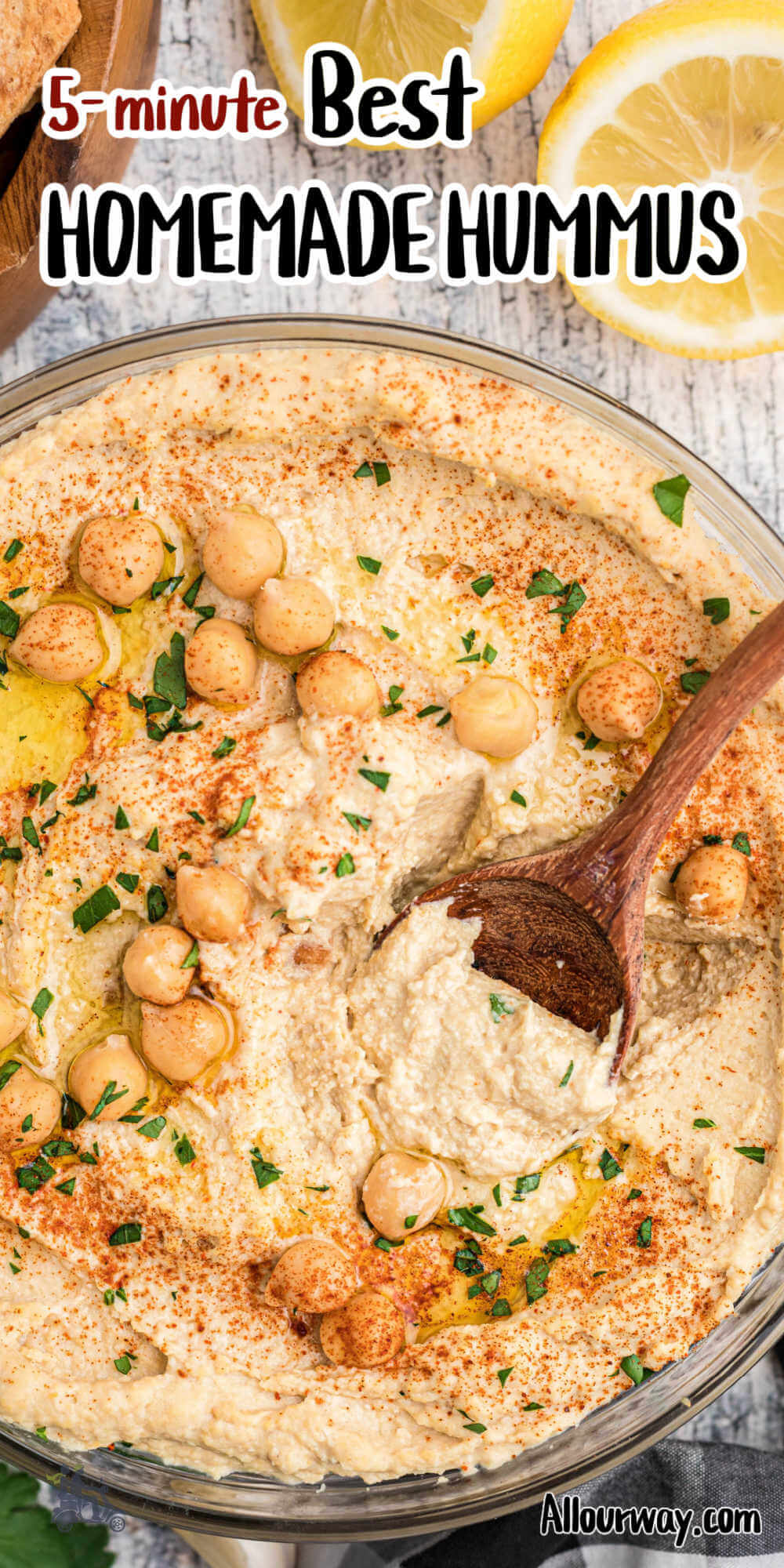 Pinterest image with title overlay for 5-minute Homemade hummus with title overlay.