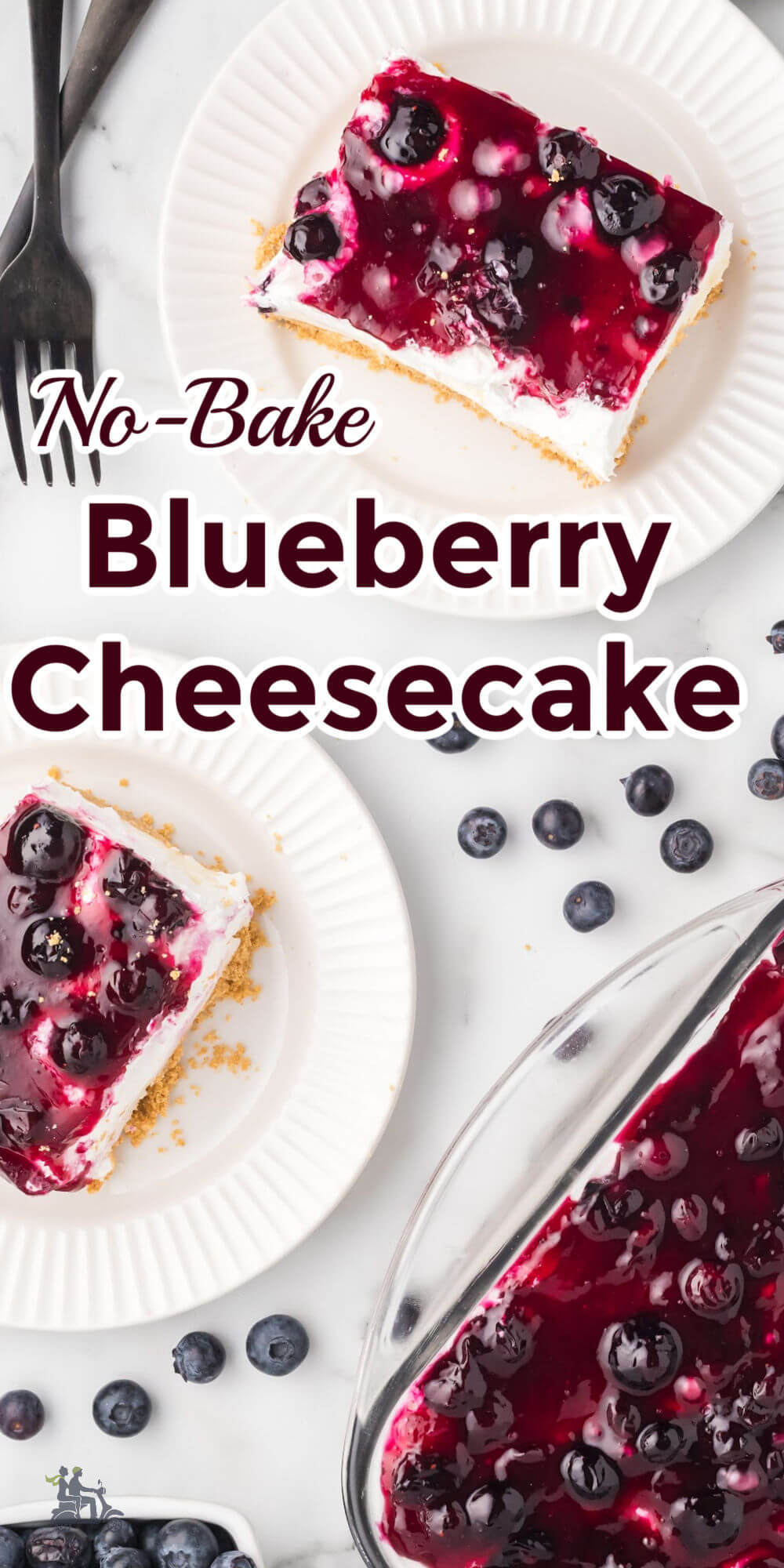 Pinterest image with title overlay for easy no-bake cheesecake with blueberry topping and a graham cracker crust.