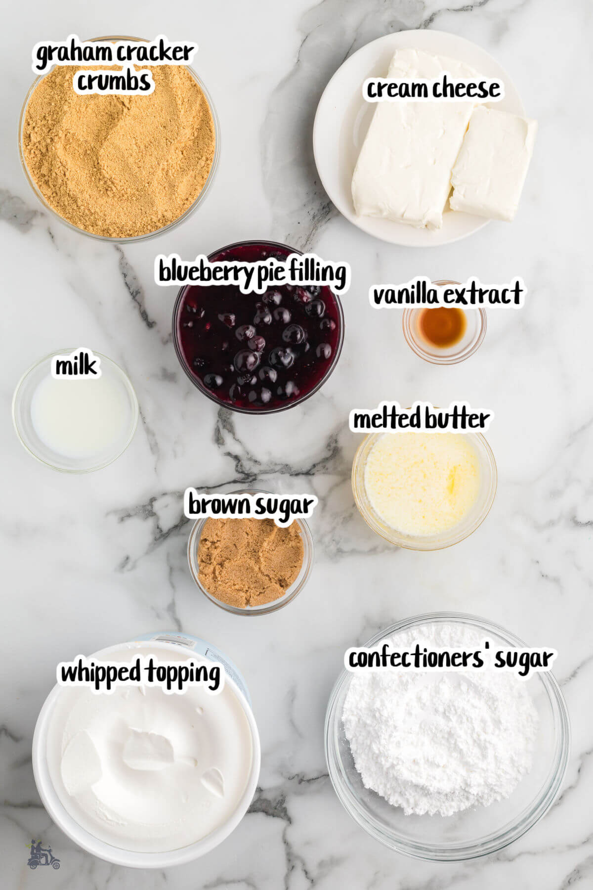Image of the ingredients for the graham cracker crust and cheesecake filling and blueberry topping. 