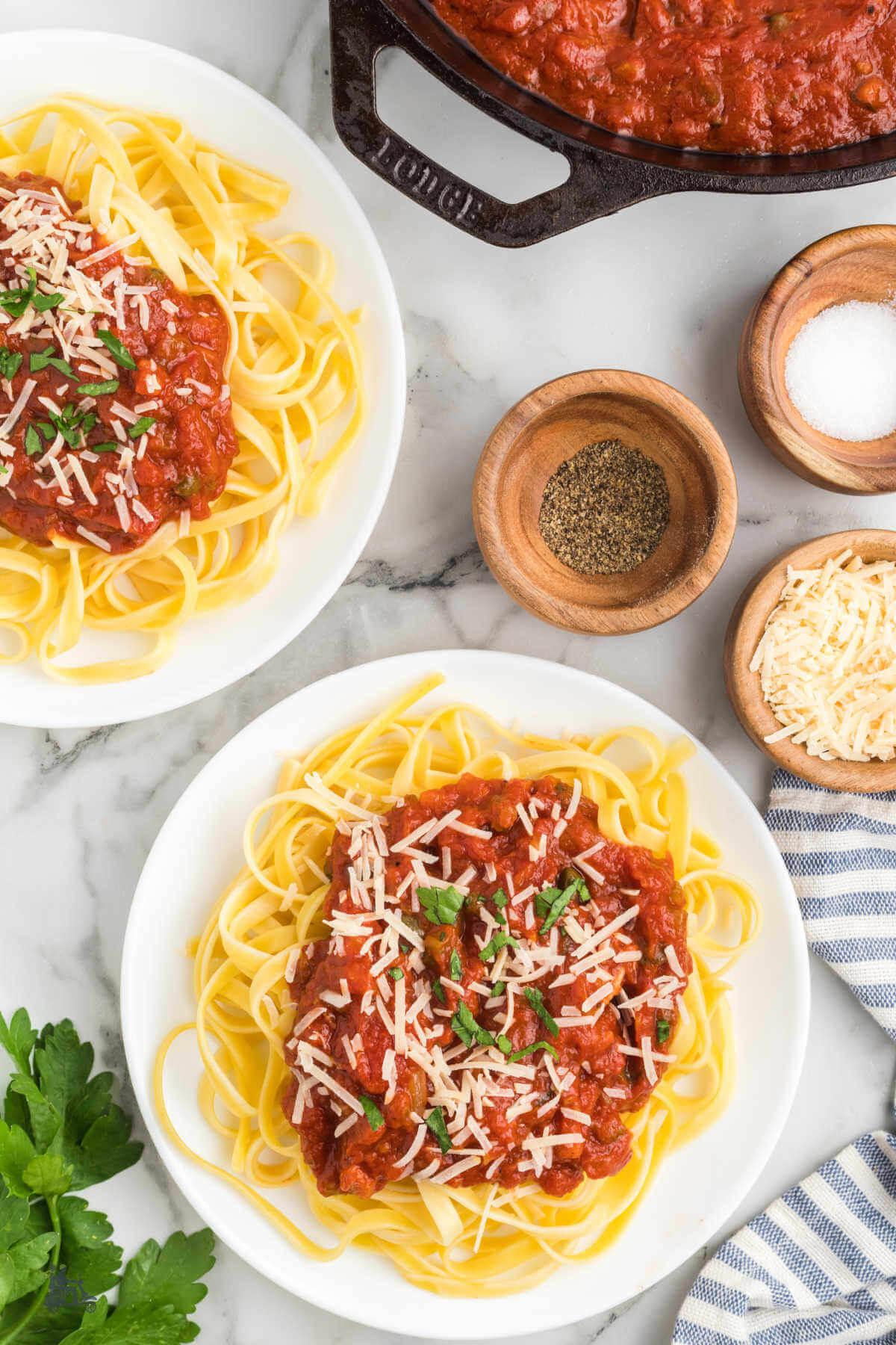 Fettuccine topped with a quick and simple San Marzano Tomato sauce recipe. 