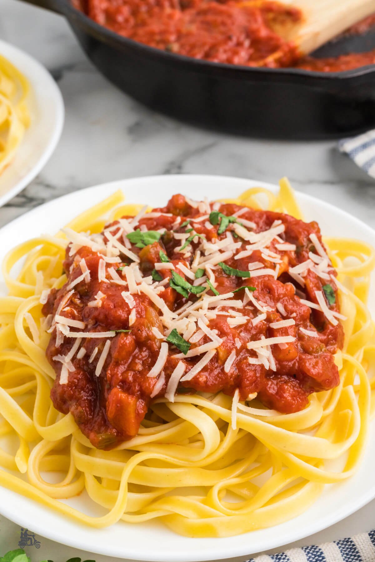 Close up of a plate of fettuccine topped with a rich marinara pasta sauce. 