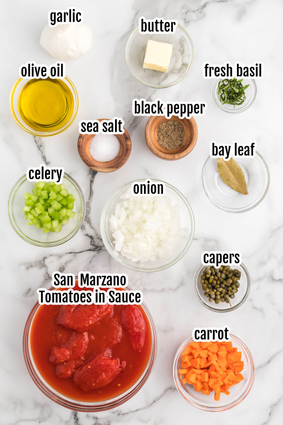 Image of the ingredients needed to make San Marzano Tomato Sauce Recipe.