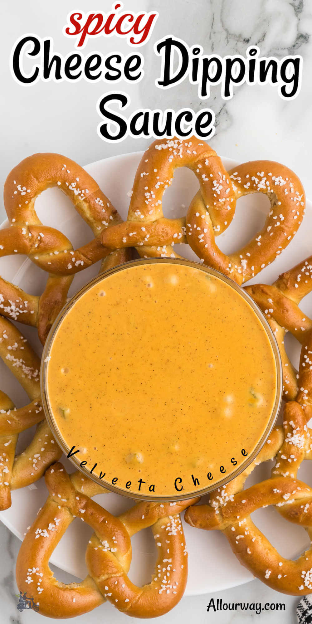 Pinterest image with title overlay for Soft Pretzel and Nacho Cheese Dipping Sauce.