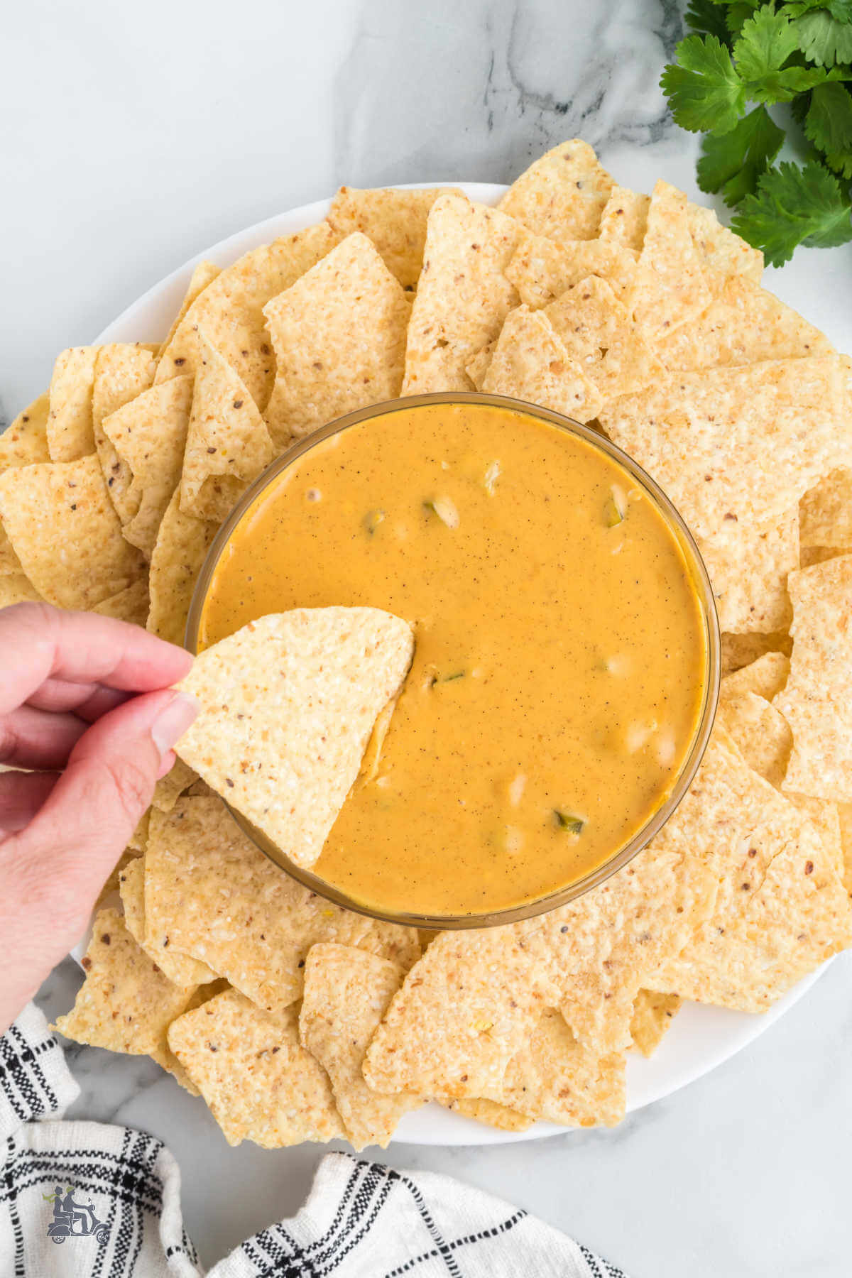 A tortilla chip dipped into creamy Velveeta cheese sauce. 