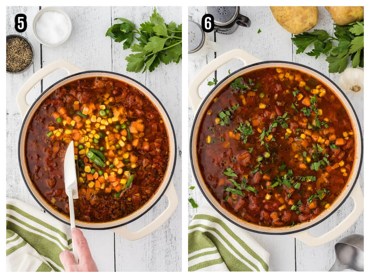 Collage of last two steps to seasoning and finishing the Easy Hamburger Soup With Potatoes recipe. 