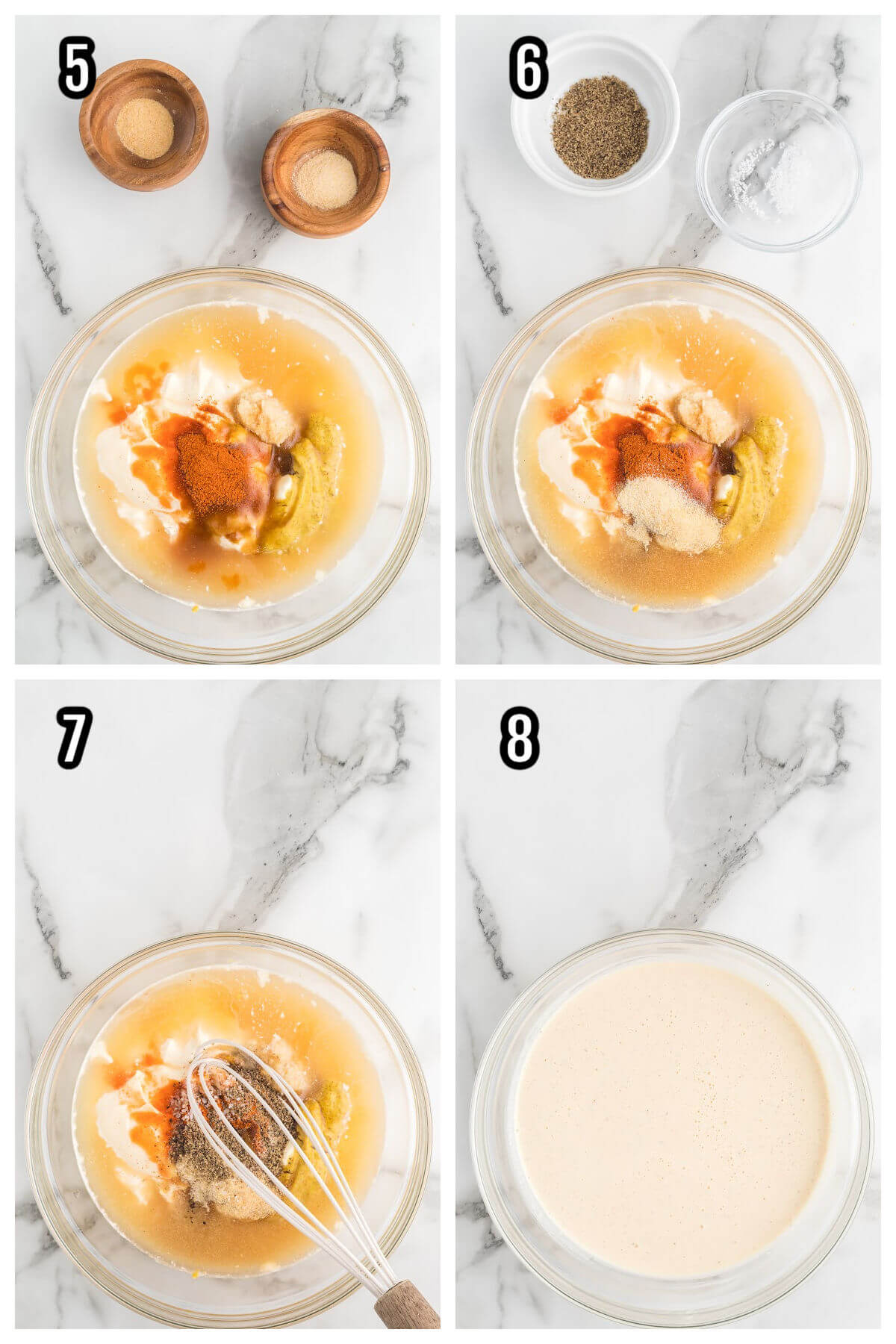 Collage of steps five to eight to mixing and completing the white barbecue sauce originating from Alabama. 