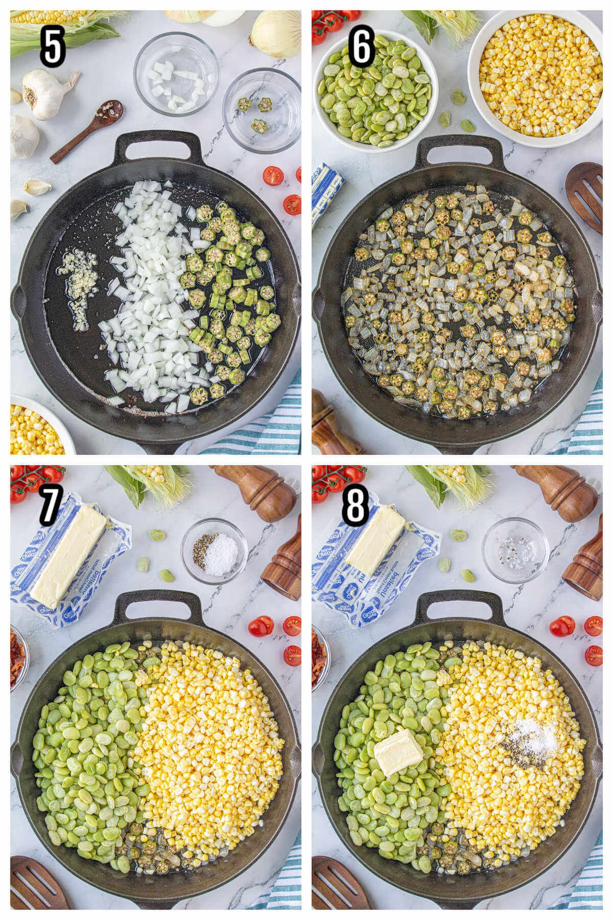 Collage of steps five through eight of making the mixed corn side dish succotash. 