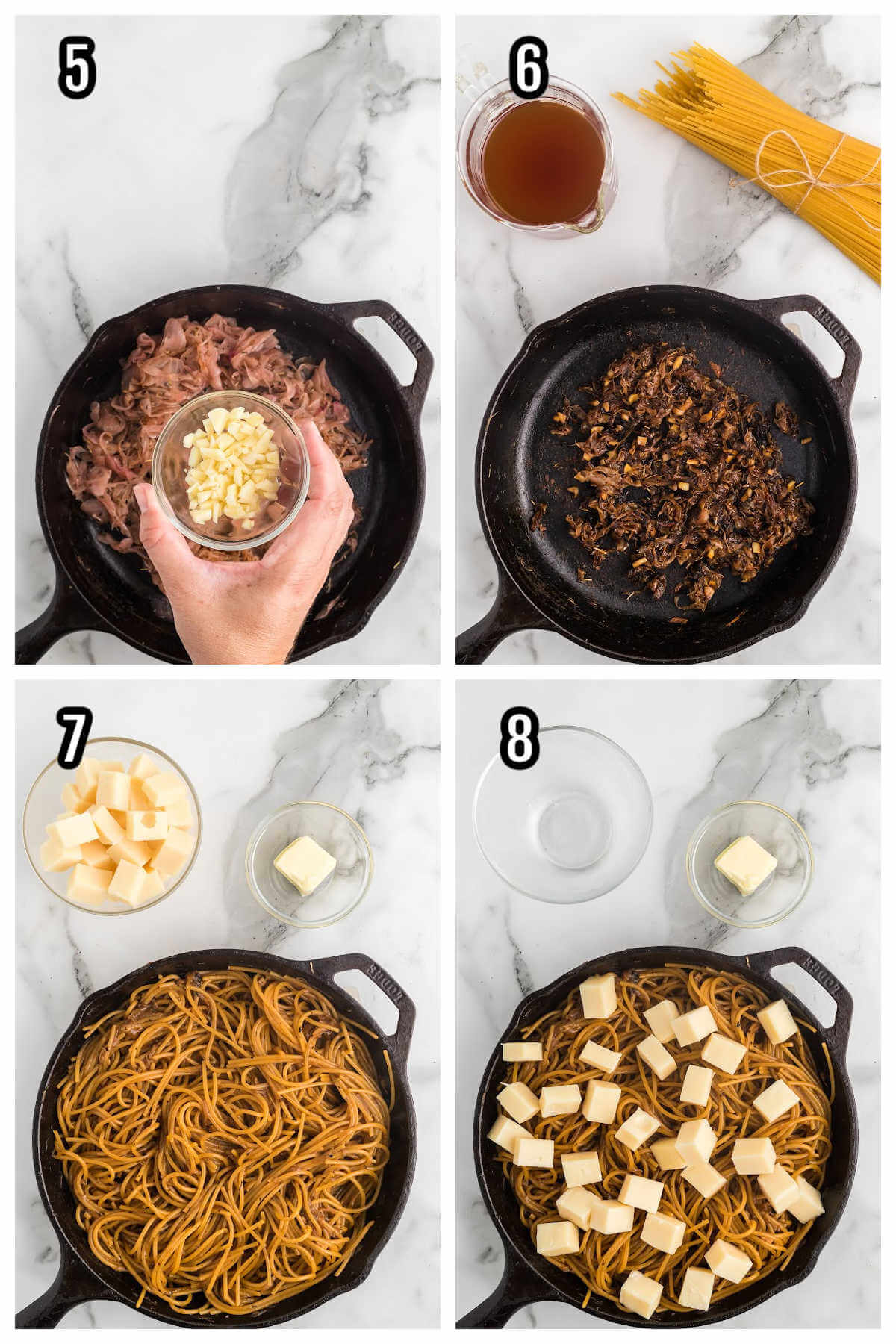 Collage of steps five through eight to making the viral tiktok recipe of French Onion Soup noodles. 