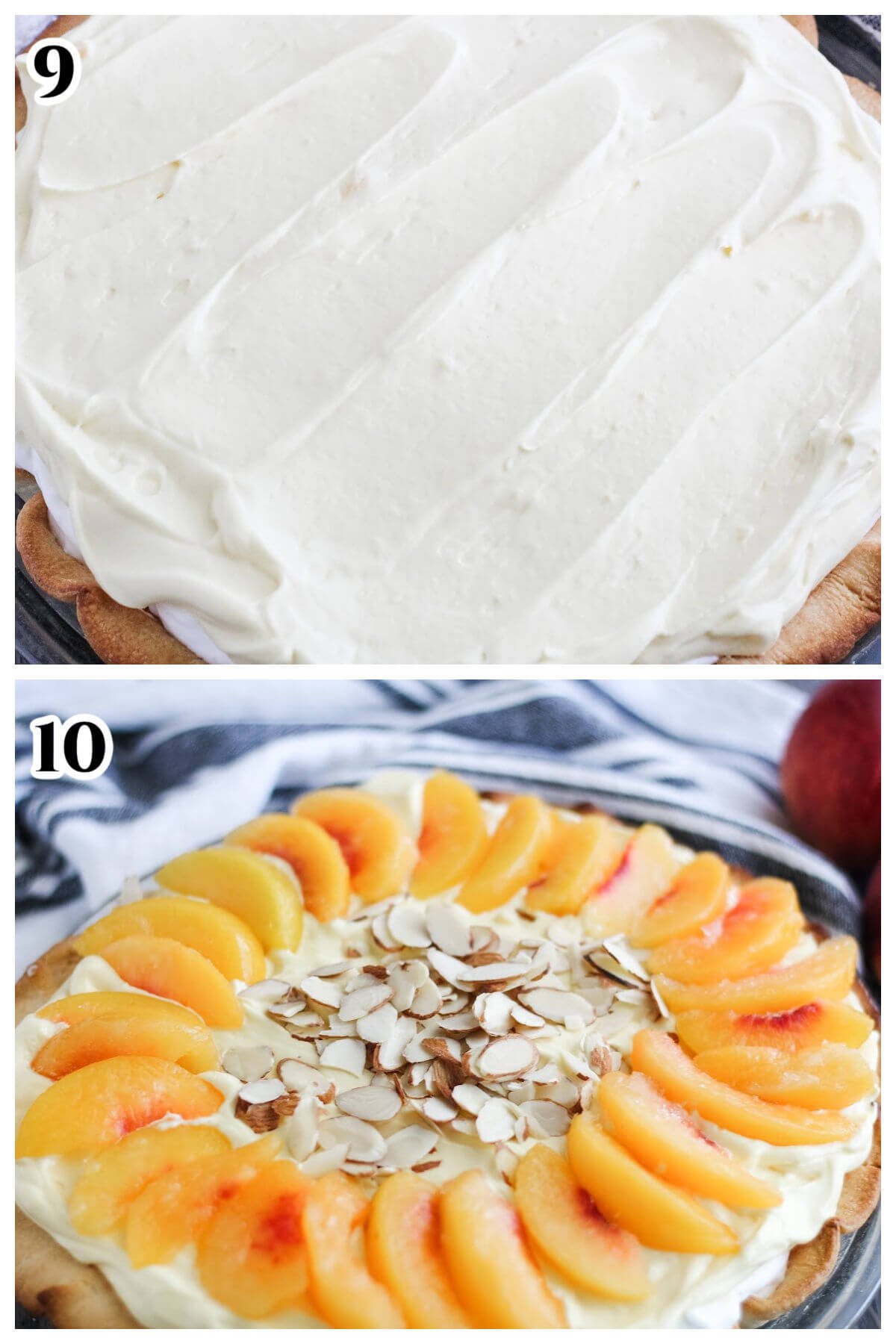 Collage of the final steps to making the creamy peach pie recipe. 