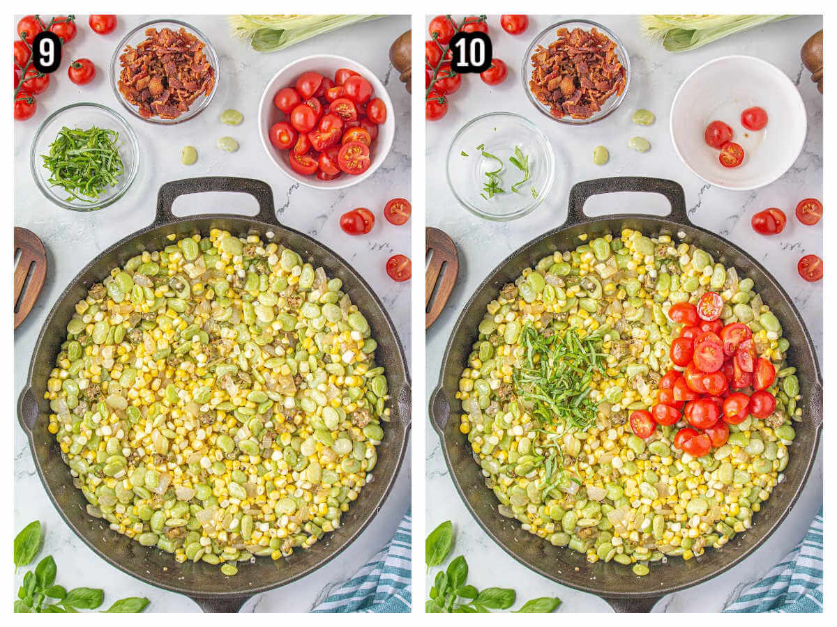 Collage of last steps nine and ten to making the combination corn and lima bean vegetable dish. 