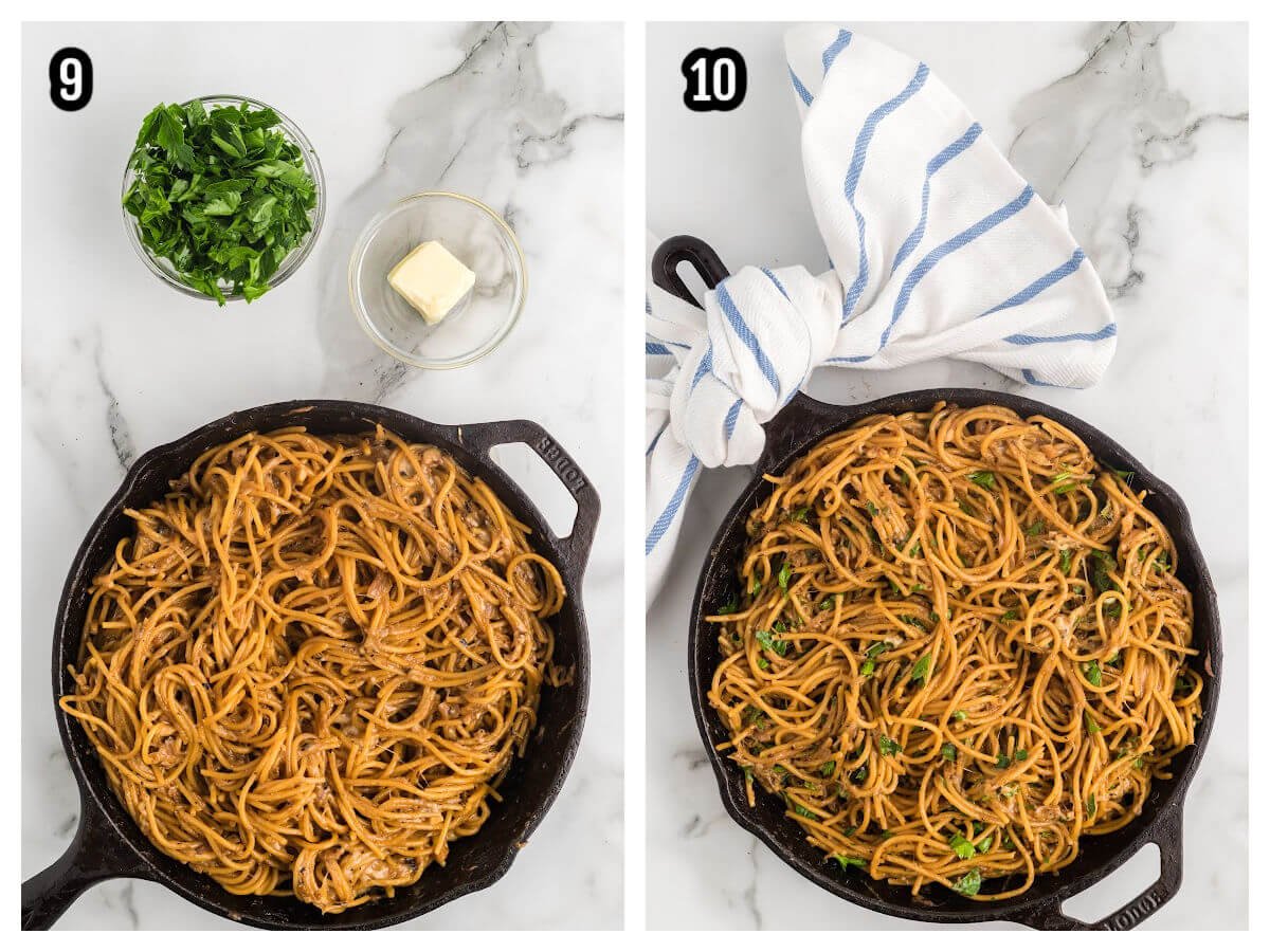 Collage of the final steps to finishing up the one-pot spaghetti with caramelized onions. 