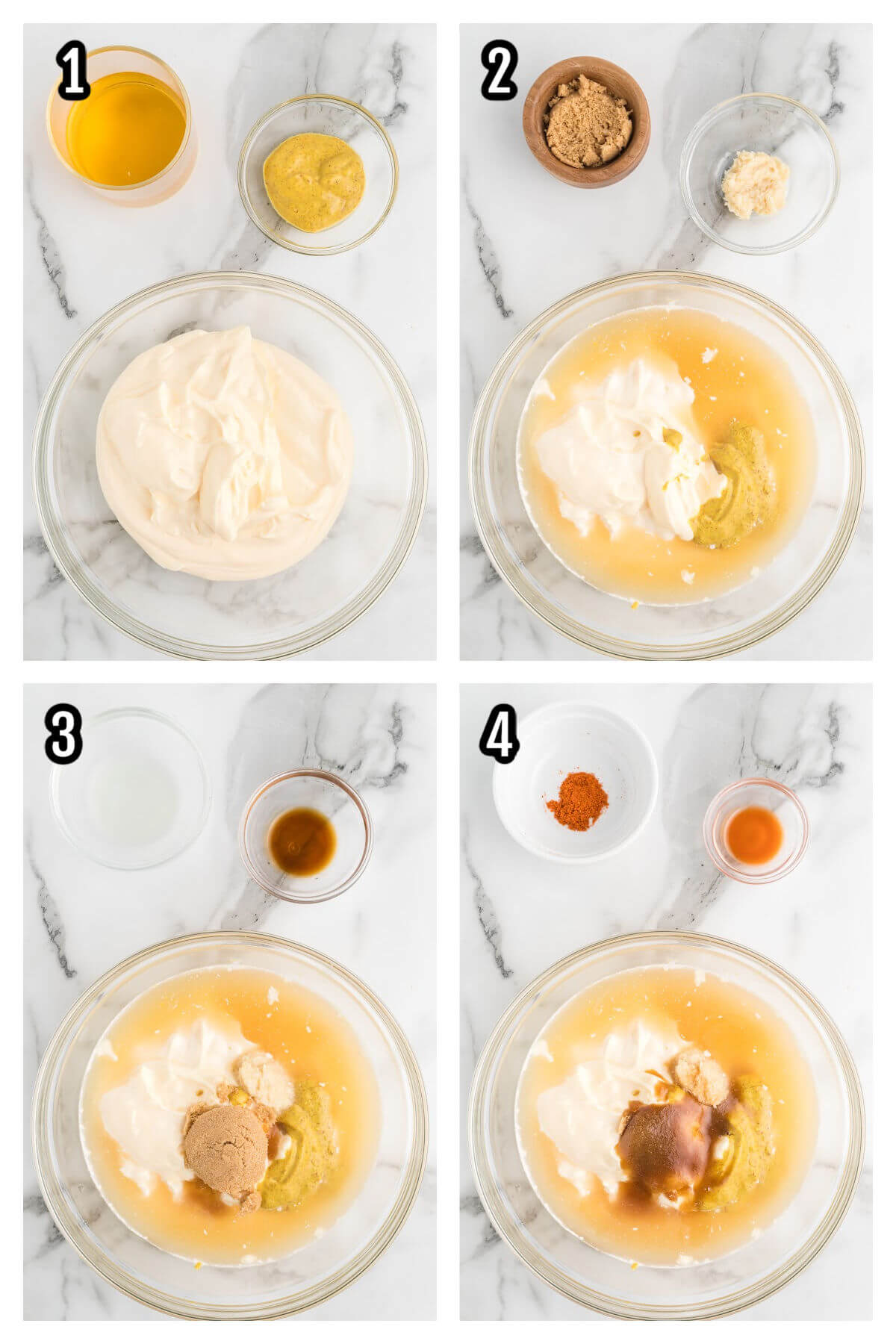 Collage of the first four steps to creating the white bbq sauce that originates from Alabama. 