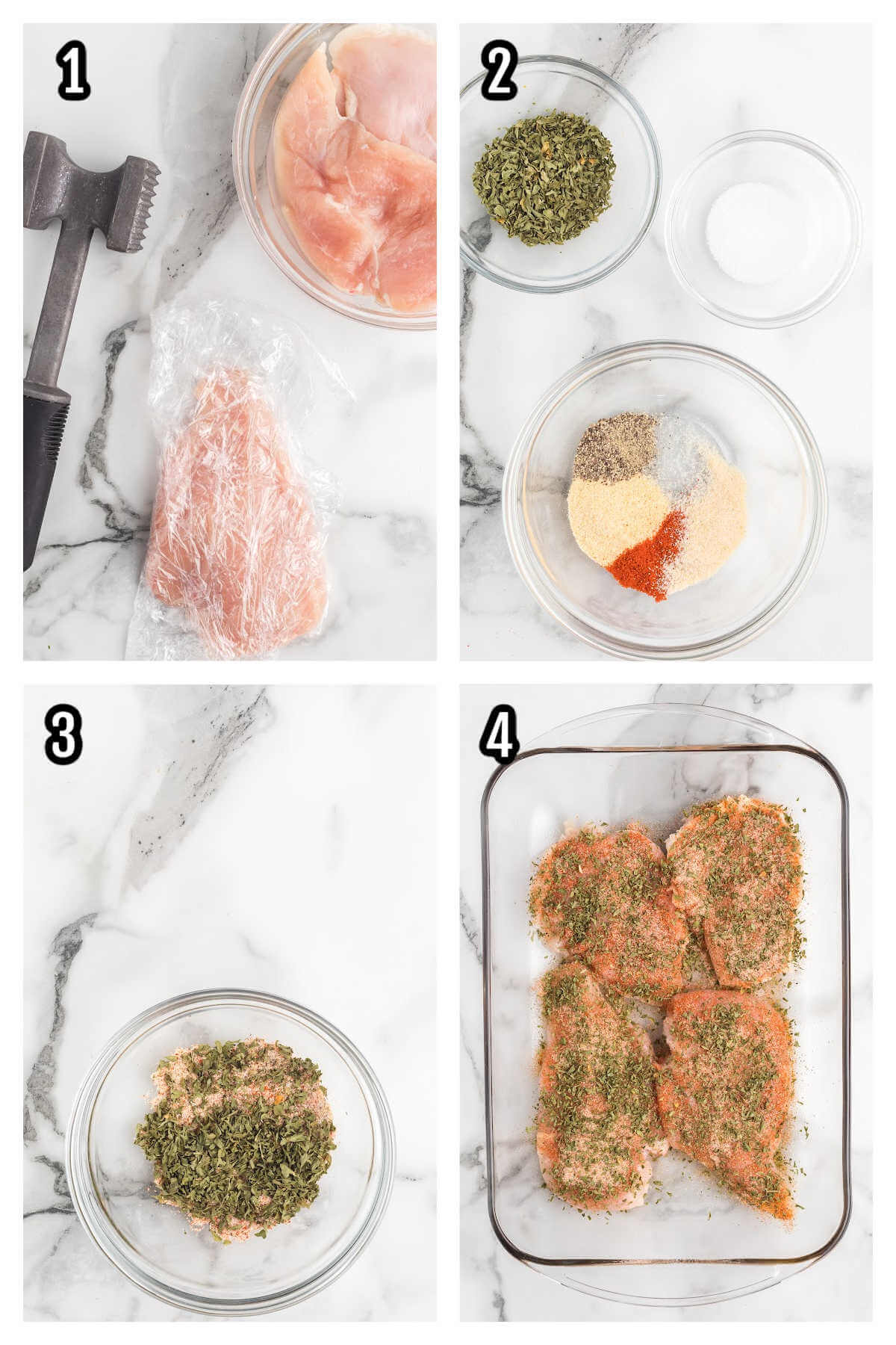 Collage of the first four steps to making the copycat monterey chicken recipe. 
